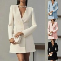 Elegant French-Inspired Double-Breasted V-Neck Long Sleeve Dress For Women – Office Chic & Casual Versatility