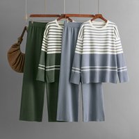 Clothing striped knitted two piece round neck sweater loose casual fashion suit
