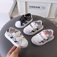 Black White Low Top Velcro Striped Children's Sneakers Soft Soled Shell Toe Casual Wear Resistant Shoes For Boys And Girls