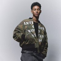Reversible Camo Bomber Jacket Streetwear Coat Bold Letter Print Military Style & Dual Wear Design Urban Fashion