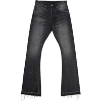 High Street Distressed Bootcut Jeans – Acid Wash Splatter Paint & Fringe Hem 