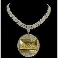 Cross Border Hot Selling Large Round Cake European American Hip Hop Cuban Necklace Last Supper Rhinestone