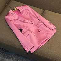 Women's Pink Satin Slim Fit Blazer Pencil Skirt Two Piece Set European American Style Party Outfit Fashion Commuting
