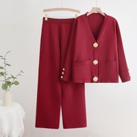 Clothing autumn winter V neck single breasted metal button cardigan top wide leg pants knitted versatile two piece suit