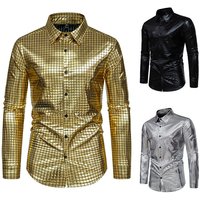 2024 Spring/Summer New Checkered Gold Stamped Print Stage Performance Dress European Size Men's Long sleeved Shirt