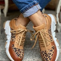 2026 New Thick Soled Round Toe Low Top Leopard Print Single Shoe Women, Spliced Lace Up Sneakers For Women
