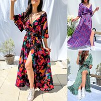2023 Summer Elegant V neck Belt Printed Dress Long Dress