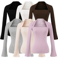 Women's European American Style Faux Two-Piece Top Square Neck Long Sleeve High-End Splicing Versatile Clothing