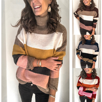 Clothing Autumn Winter High necked Stitching Sweater OL Large Striped Sweater