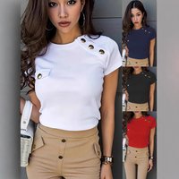 Elegant Casual Short Sleeve Round Neck Blouse Unique Buttons Polyester & Spandex Blend Slim Fit Solid "