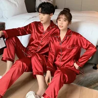 Solid Sleepwear Silk Satin Pamas Couple Long Button Down Pyjamas Suit Pijama Loungewear Plus Pj Set