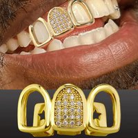 3-Piece Hollow Heart Tooth Gold-Plated Upper And Lower Teeth Cool Glossy Gold Brace Hip-Hop