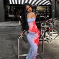 Vacation Style High end Feeling Summer Fresh Contrasting Dyed Print Slim Fit Strapless Slit Long Dress