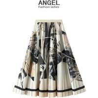 High end Ink Wash Print Pleated Midi 2025 Spring Summer High Waist line Mid length Skirt D2125