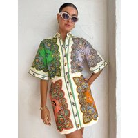 Printed Shirt Skirt Fashionable Casual Slim Cotton Linen Long Shirt.