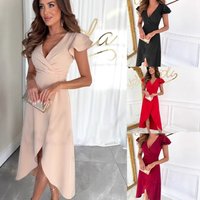 new Lotus Leaf Sleeve Fashionable For Women's Commuting Style Solid Color V-neck Waist Cinching Dress Christmas Thanksgiving Halloween Valentine's Day