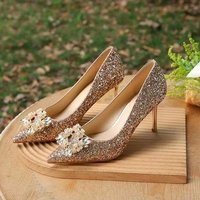 Women's Shoes Wedding shoes female wedding dress two wear niche high heels new champagne gold non tiring crystal single shoes