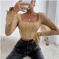 Women's 2023 Spring/Summer New Slim Fit Long Sleeve Square Neck Pullover Knitted Top T-shirt for Women