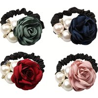 1pc 4pcs Korean Faux Pearl Fabric Flower Hair Ties Scrunchie Wide Rubber Band Thick Hair Thin Hair No Damage Elastic Hair Acces