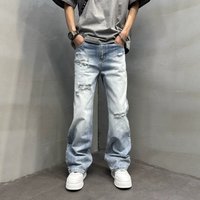 New American Retro Washed Distressed Jeans Loose Straight Leg Men's Casual Wide Leg Long Pants Trendy Denim