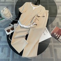 Women's Casual Sportswear Set V Neck Short Sleeve Wide Leg Pants Fashion 2-Piece Summer Outfit Polyester Regular Fit