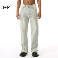 EF JEANS 2024 High Street Old Mud Pants Split Zipper Denim Trousers Straight Casual
