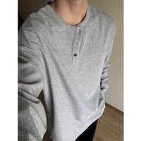 waffle long sleeved T shirt spring autumn vintage Henry collar loose casual base shirt