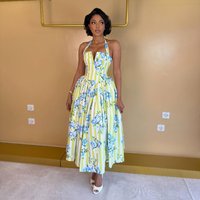 Women's 2026 New Sweet Printed Pendulum Medium And Long Dress Neck Strap Waist Dress