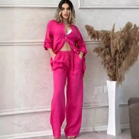 Clothing Summer Set Large Cotton Linen Shirt Set High Waist Loose Trousers