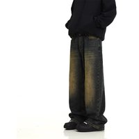 Men's Clothing Retro distressed washed jeans for men high street yellow mud dyed floor-length daddy pants street loose straight trousers