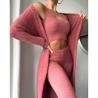 Sexy V-neck plush short vest and trousers three-piece set for women