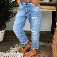 Women’s Clothing New Blue Ripped Jeans Women's Loose Straight Casual Trousers