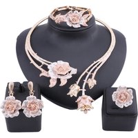 Wedding Bridal Accessories Gold Color Crystal Rose Flower Necklace Earrings Ring Bangle Women Statement Jewelry Set