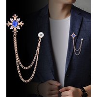 Retro Palace Gem Brooch Men’s Suit Pin Vintage Rhinestone Cross Tassel Lapel Pins with Chain Badge Luxury Jewelry Accessories