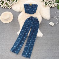 Fashion Suit Retro Temperament Tube Top Denim Vest Two piece Set Casual High waist Slim Straight Pants