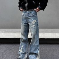 Clothing 2025 American Deconstructed Stitching Double Waist Destroyed Jeans Straight Slim Flared Cleanfit Pants