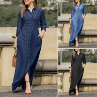 clothing elegant fashionable style long sleeved lapel cardigan solid long denim dress