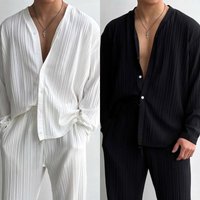 Men's Clothing Thin Solid Color Sexy Deep V Cardigan Knitted Sweater Shirt Casual Fashion Suit Two Piece Suit Men