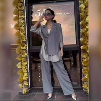Clothing spring summer chiffon splicing irregular lace up jacket top straight pants suit
