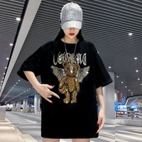 summer loose medium long short sleeves personality ins trendy brand heavy hot diamond bear large