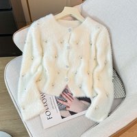 Women's Elegant Plush Cardigan Solid Color round Neck Long Sleeved Knitted Top Soft Comfortable Beaded Loose Short Autumn Heavy Duty
