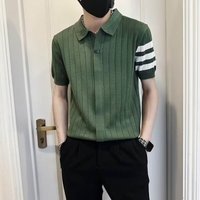 Men's Clothing2024 new men's commuter striped sweater summer high-end green polo shirt men's trendy short-sleeved T-shirt