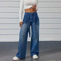 Dark Blue Wide leg Jeans European American Style Cross border Street Casual High waisted Tie up