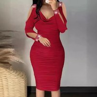 Clothing Wear Hot Diamond V neck Pleated Tight Skirt Hip Dress