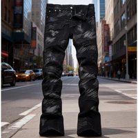Men Women Y2K Stacked Flared Jeans, Matte Black With White Scratch Line Embroidery & Minor Rips, Breathable & Lightweight For Summer Subculture Style