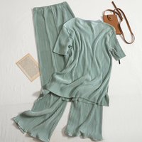 Clothing style temperament round neck T shirt top high waist split wide leg pants two piece suit