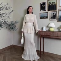 Modest Abaya Dress/Muslim Dress Women Elegant Long Sleeve Midi Dress Set - Flowy Knit Two-Piece Outfit With Bell Sleeves (S-XXL, Beige)