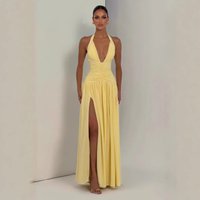 Clothing Solid Halter Neck Slit Dress Sexy Deep V Neck Waist Cinching Pleated Long Skirt Style