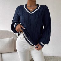 Chic Contrast Cable Knit Sweater Oversized V Neck Long Sleeve Pullover Lantern Sleeves Soft Acrylic Blend Autumn Winter Essential