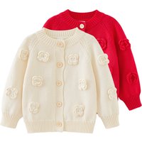 Spring Autumn Round Neck Handmade Flower Knitted Cardigan Long sleeved Coat Sweater